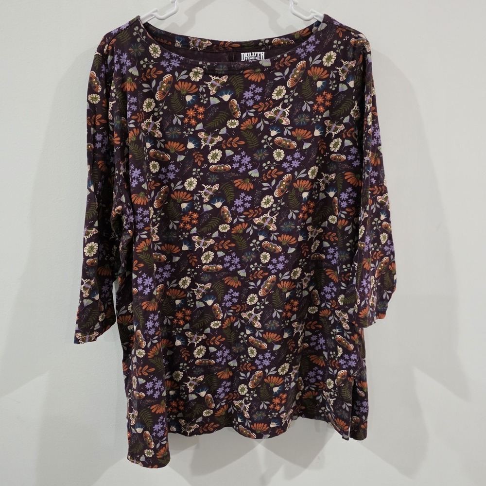 Duluth Trading Womens Floral Butterfly Top Size 1X Lightweight Longtail T Moth
